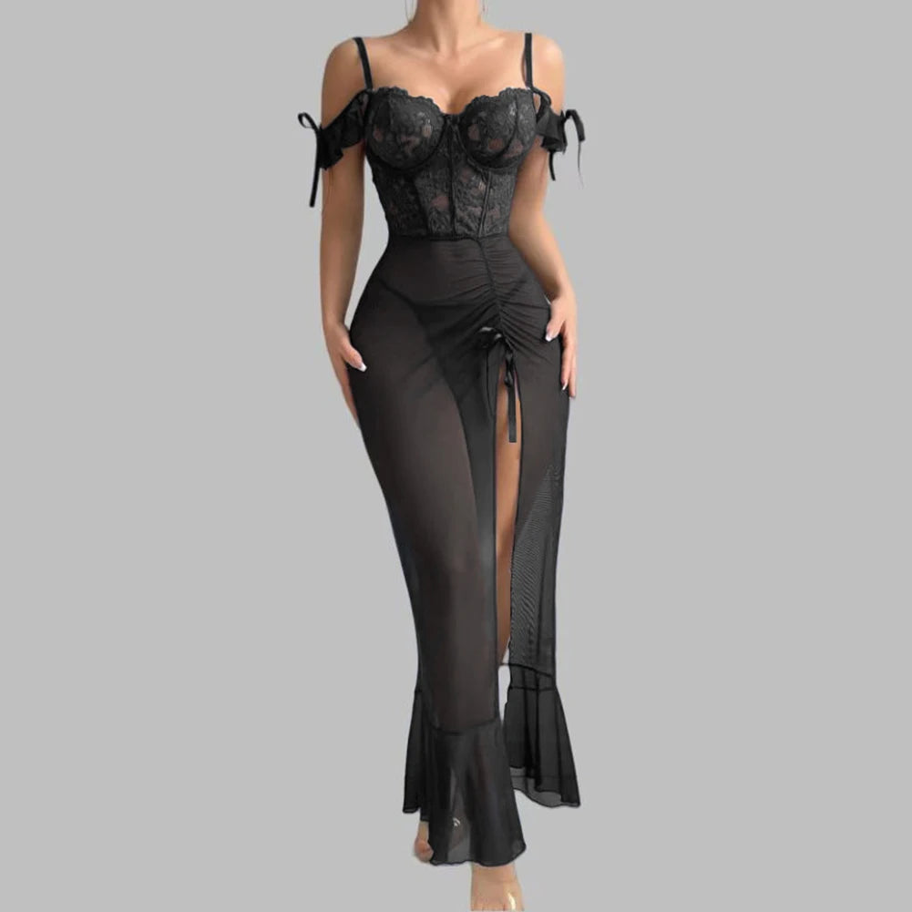 Ladies V Neck Sleepwear Set with Spaghetti Straps Lace Up Front and Sheer Mesh Fabric with Slit Includes Nightdress and Panties