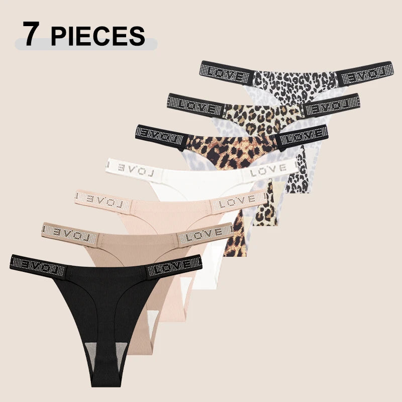 7Pcs/Set Printed Leopard Crystal Letter Thongs For Women Fashion Low Waist Soft Breathable Underpants Female Traceless G-string