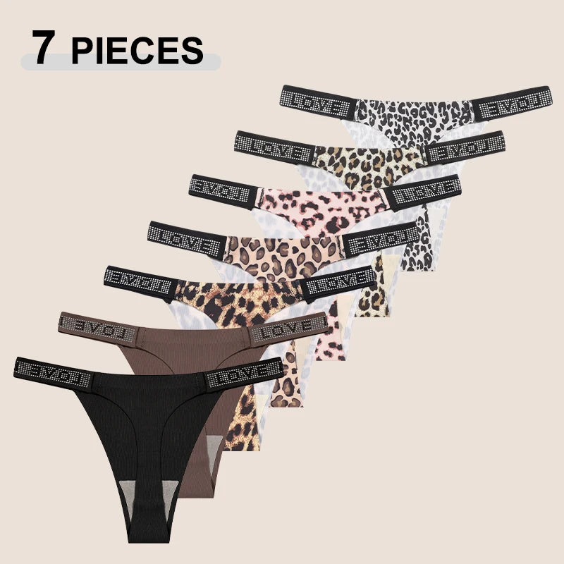 7Pcs/Set Printed Leopard Crystal Letter Thongs For Women Fashion Low Waist Soft Breathable Underpants Female Traceless G-string