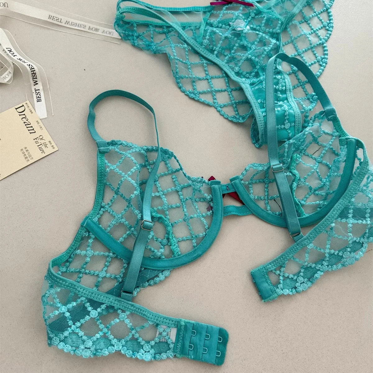 Bra + Panties + Garter, Lace Ultrathin Transparent Push Up Women Sexy Sleep Underwear Sets Lattice Push Up Young Girls Blue