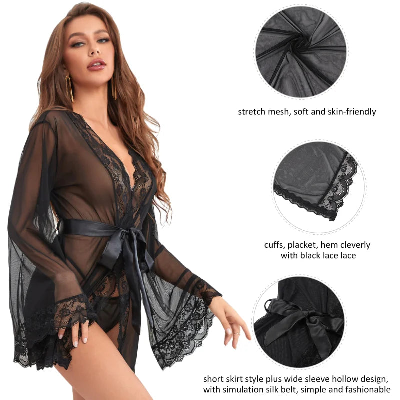 Comeondear Wedding Long Sleeve Robe Belt Sexy Lace Sleepwear 5XL Plus Size Lingerie See Through Nightgown Curve Mini Pajamas Set