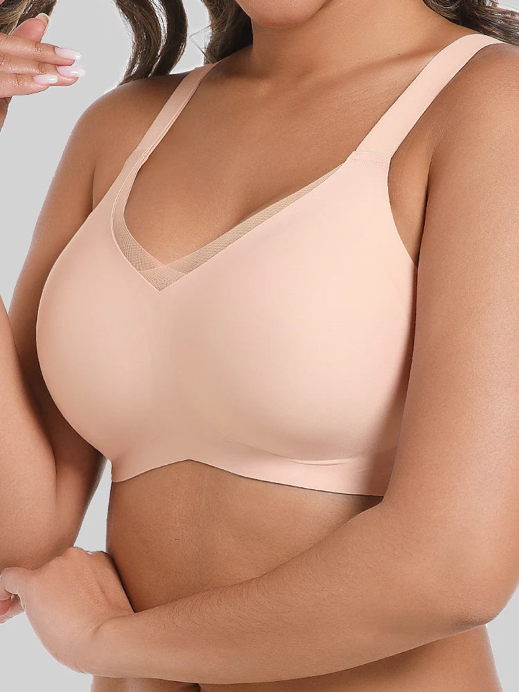 Seamless Wireless Mesh V-Neck Full Coverage Push up Bra Soft Supportive minimize Underwear 7847