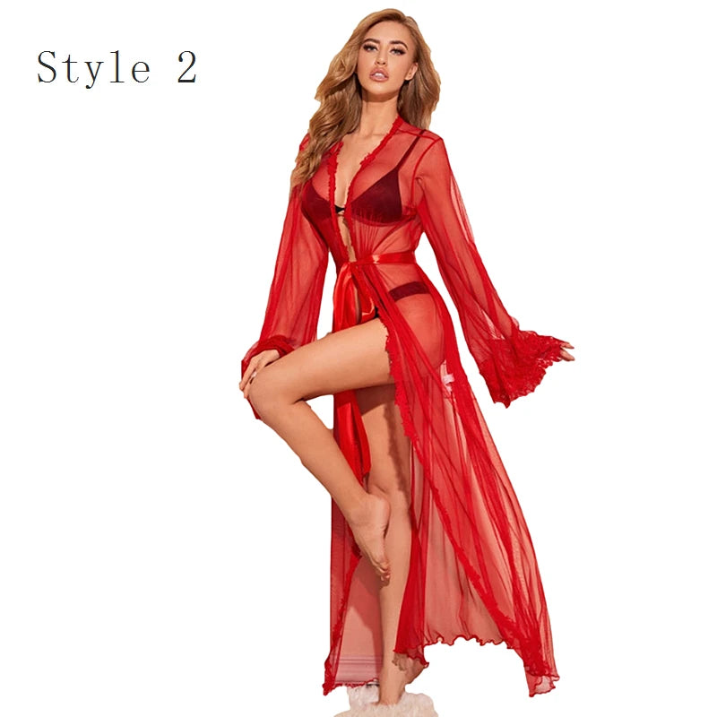 5 Color Women Sexy Lace Wedding Bride Robes Bridesmaid Gowns Sheer Kimono Bathrobe Femme Long Sleeve Nightgowns Nightdress