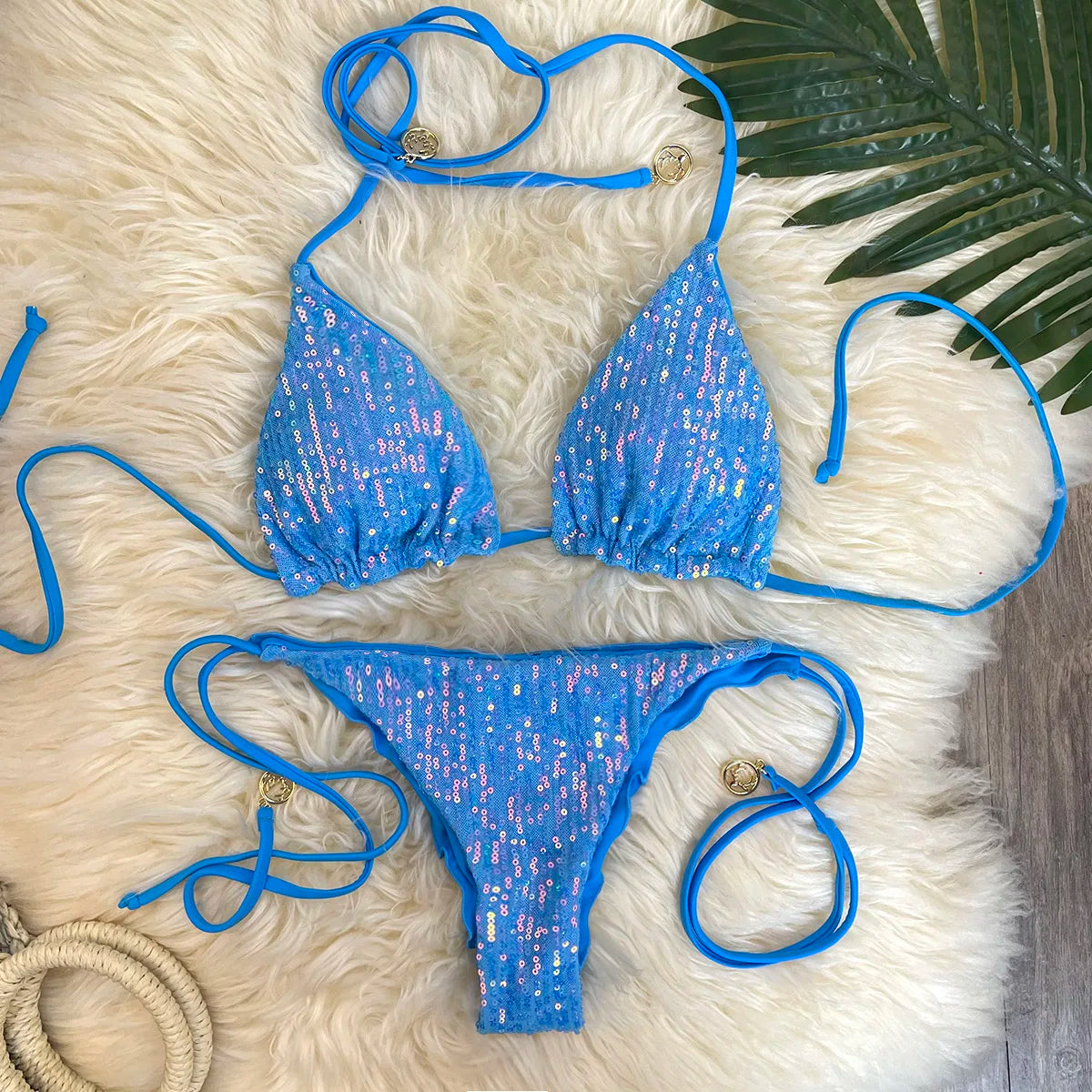 Melphieer Swim 2pcs Women's Summer Beach Holiday Ruching Bum Sequins Sparkle Glitter Plain Halter Strap Bikini Swimwear Set