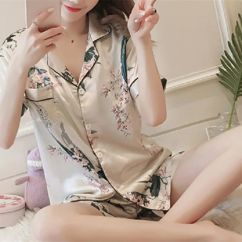 Satin Silk Pajamas Set for Women Cartoon Print Turn-down Collar Short Sleeve Top+Long Pants Matching Sets Homewear Plus Size 5XL
