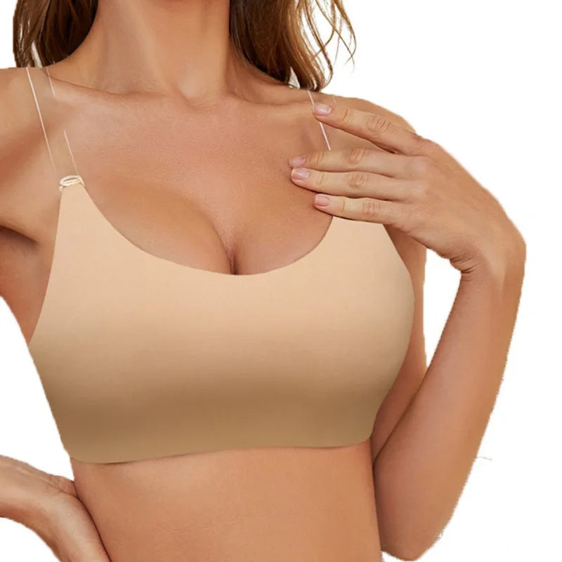 Women's Wireless Seamless Daily Bra,backless Bra with Transparent Shoulder Straps,U-shaped Thin Semi Fixed Cupback Bra,underwear