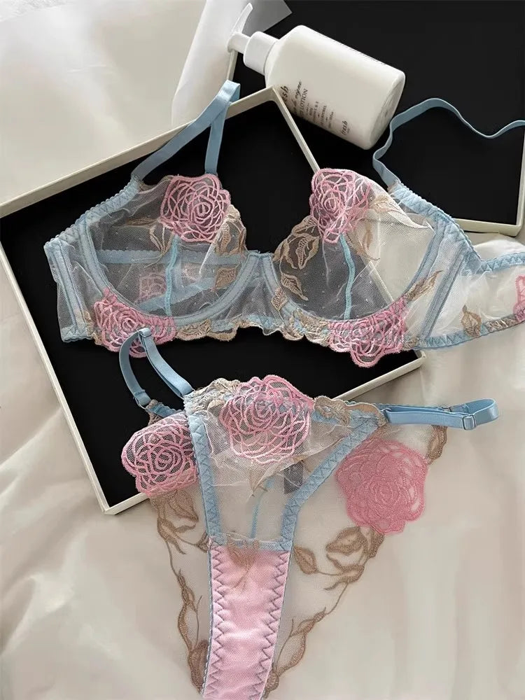 YUQI French Romantic Lace Underwire Minimizer Bra Sexy Sheer Tulle Luxury Lingerie Set Full Bust Support Modern Elegant & Women