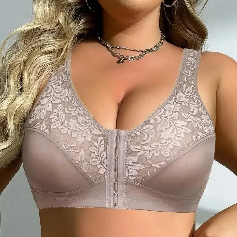 Plus Size Minimizer Bra 5XL Wireless Front Closure, Full Cup Unlined Floral Lace Non-Padded Comfort Support for Large Bust