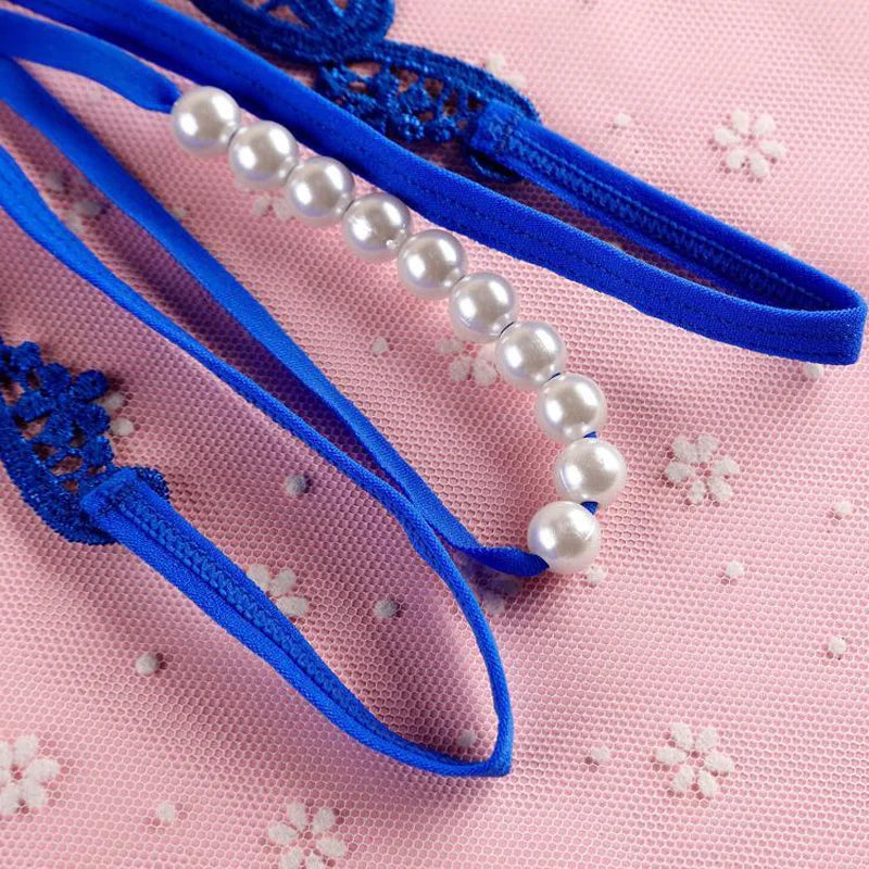 Women Sexy Underwears Female Transparent Hollow Out Temptation Pearl Massage Open File Thong Thin Perspective Embroider T-shaped