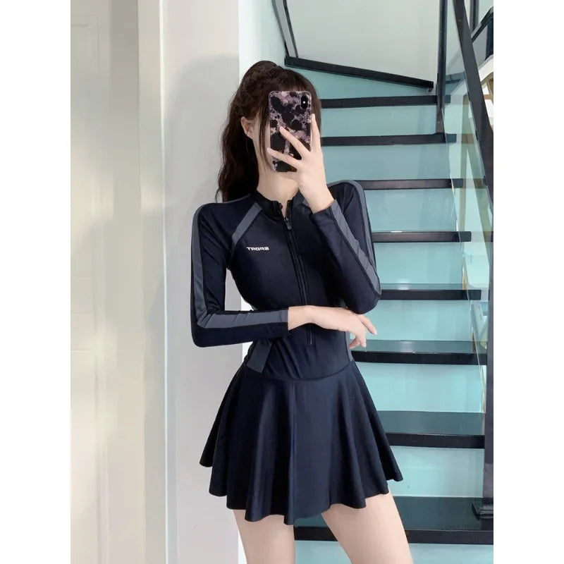 Athletic Long Sleeve One Piece Swimsuit Dress with Zipper Front Color Block Panel Tummy Control Swimwear for Beach Pool Training