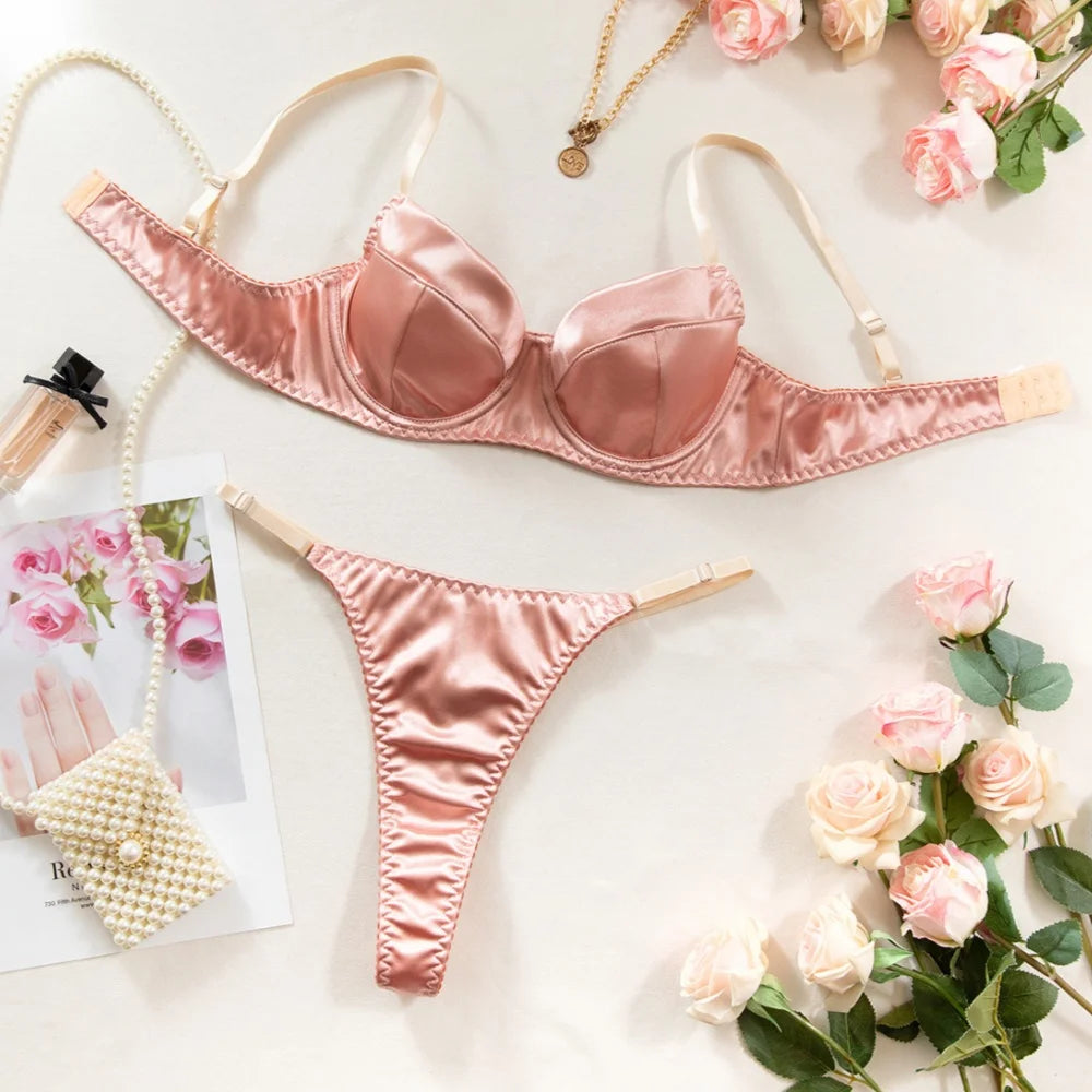 Krasapt Sexy Satin Lingerie 2 Pcs Sets Fancy Patchwork Bras And Thongs Underwear Suits Attractive Bilizna Intimate Erotic Set