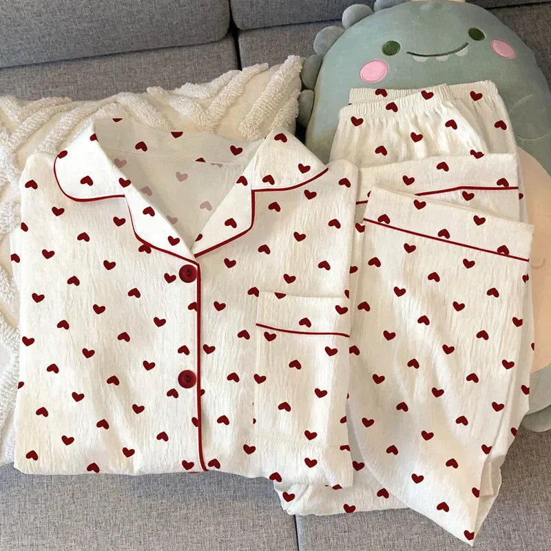 Spring and Autumn New Women's Pajamas Loungewear Set Girl Love Cardigan Pajamas Crinkled Fabric Loungewear Long Sleeve Set
