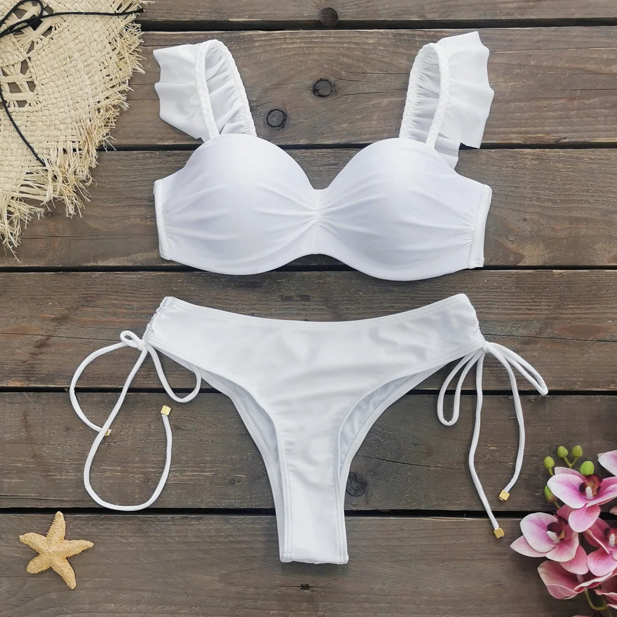 Ruffle Strappy Bikini Set for Women, Push Up Beachwear, High Waist Swimsuit, Ladies Sexy Bandage, Holiday Clothes, New, 2024