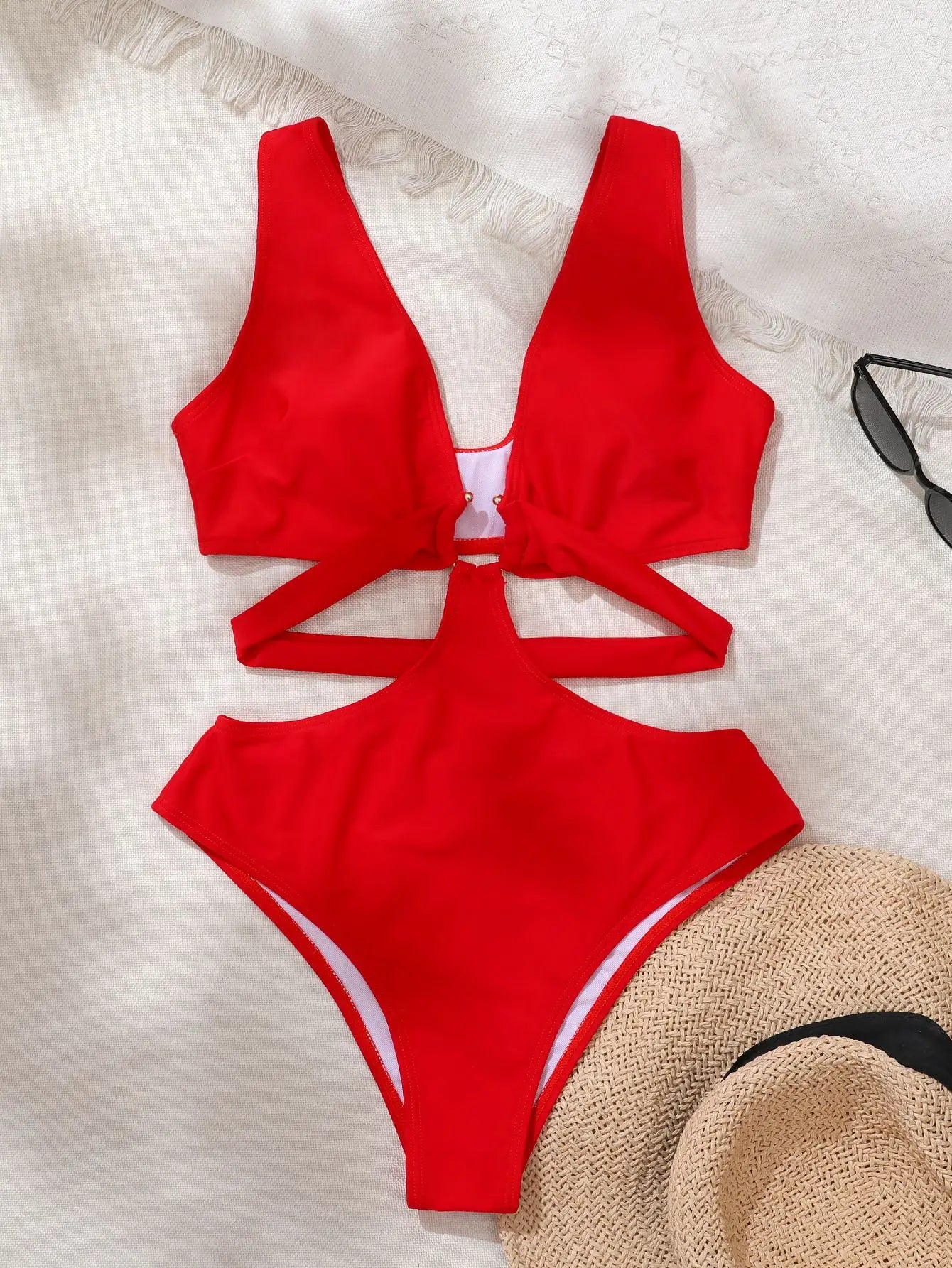 Cikini Summer Beach One Piece Swimsuit With Hollow Out Design And Circle Decorations Solid Color Swimwear Bathing Suit For Women