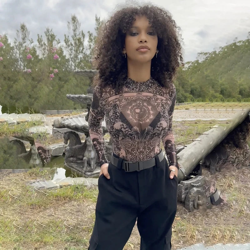 Gothic Print Naked See Through Bodycon Jumpsuits Y2K Lace Mesh Long Sleeve Slim Bodysuits Women Summer T-Shirts Tops Streetwear