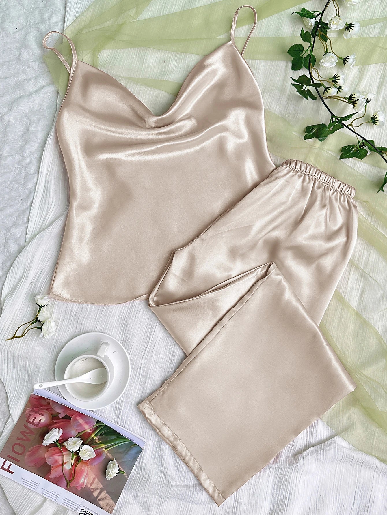 Solid Satin Pajama Set Draped Collar Cami Top Elastic Waistband Pants Women's Sleepwear Loungewear