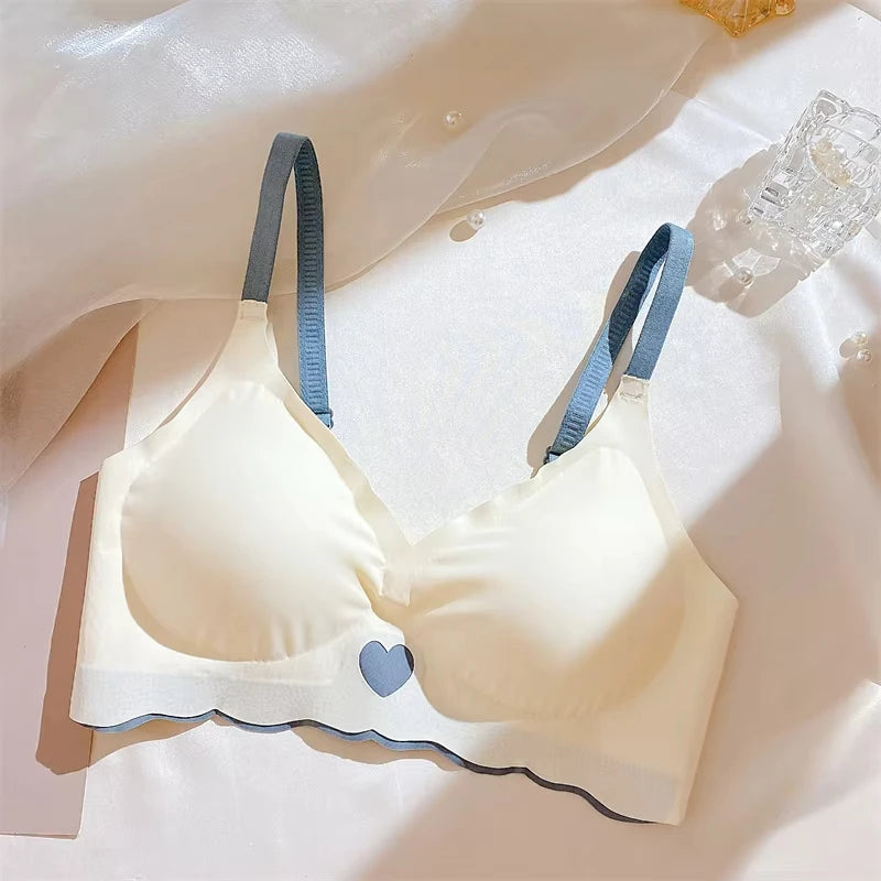 Sexy Push Up Bras For Women Love Heart Pattern Brassiere Deep V Neck Cute Underwear Female Seamless Wireless Soft Lingerie