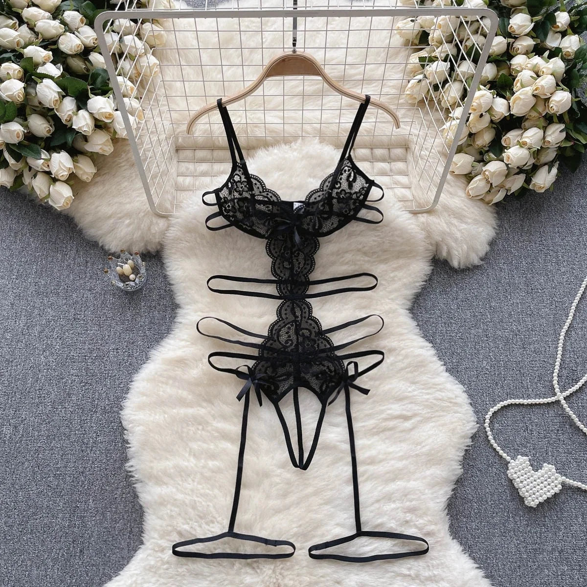 Women' Hollow Lace Camisole Bodysuit V-Neck Backless Sleeveless Erotic Lingerie Slim Fit Bow Pajamas Sexy Black Sheer Playsuit