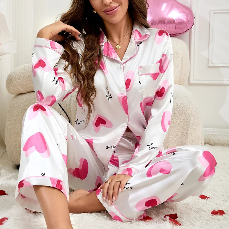 Women's Satin Pajama Set Autumn Heart Print Pyjama Long Sleeve Button-Down Shirt Tops & Long Pants Sleepwear Loungewear 2 Piece