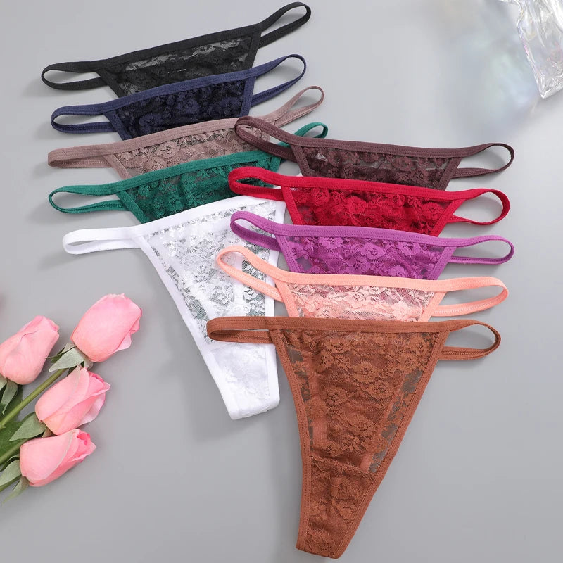 3Pcs/Set Sexy Lace Floral Panties For Women Solid Color Transparent Underwear Female Lace Perspective Hollow Out G-string Thongs