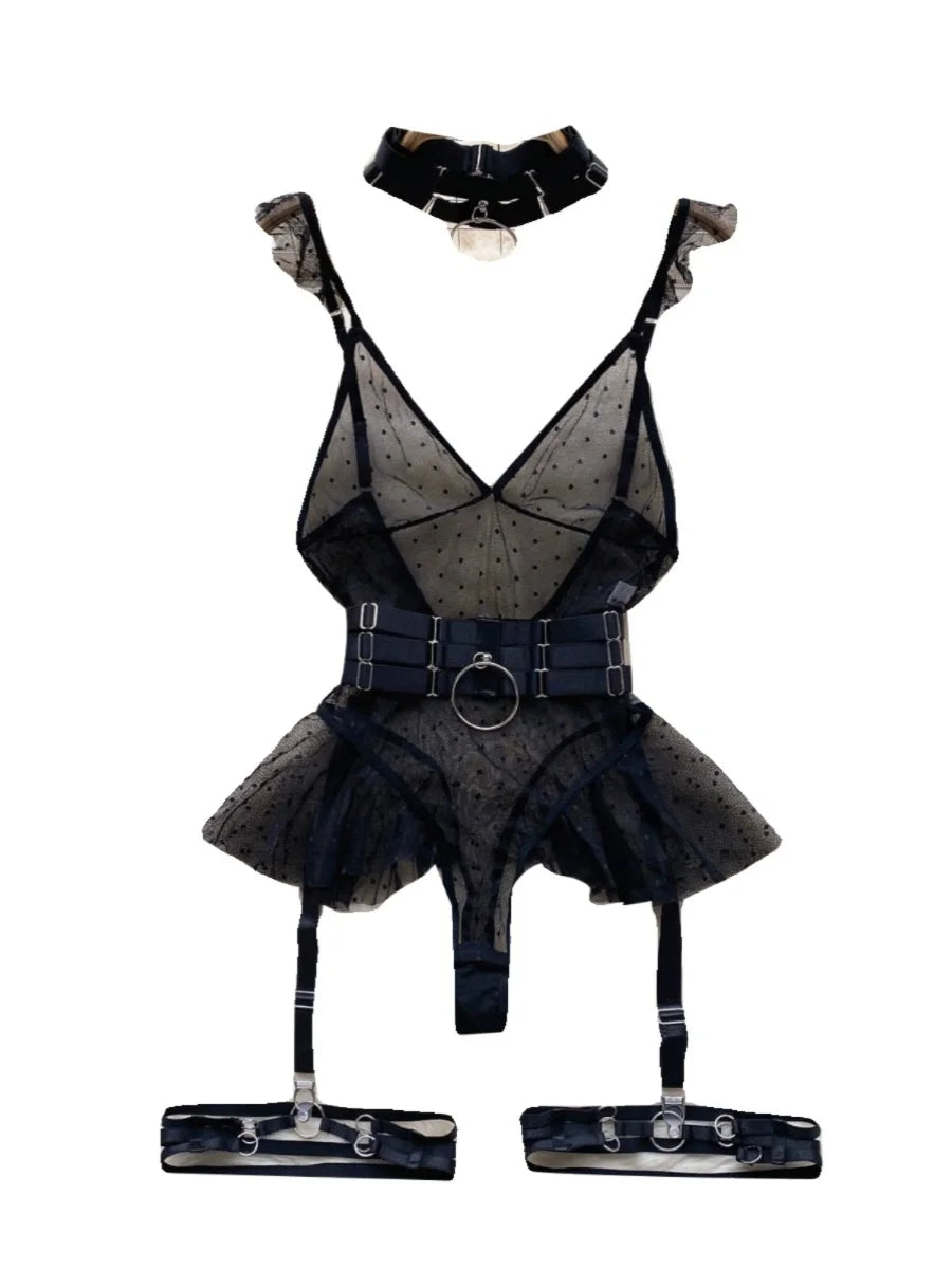 ssTss Ins trendy Girl Sexy Mesh Bottom Strap V-neck one-piece Top bodysuit women's Slimming Waist Ruffle Hemp Vest Jumpsuit