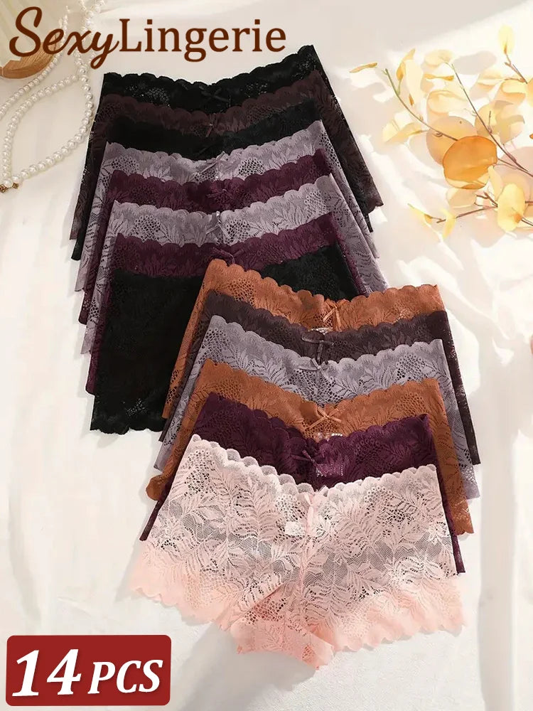 14Pcs/Set Women Lace Boyshorts Sexy Underpants Low Rise Panties Ladies Fashion Floral Lace Underwear S-XL Girls Panty Intimates