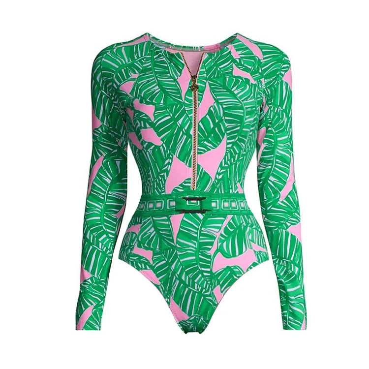 One Piece Swimsuit Long Sleeve Zip Front Blue White One Piece Surf Swimsuit and Sarong Swimwear Slimming Bathing Suit Beach Wear