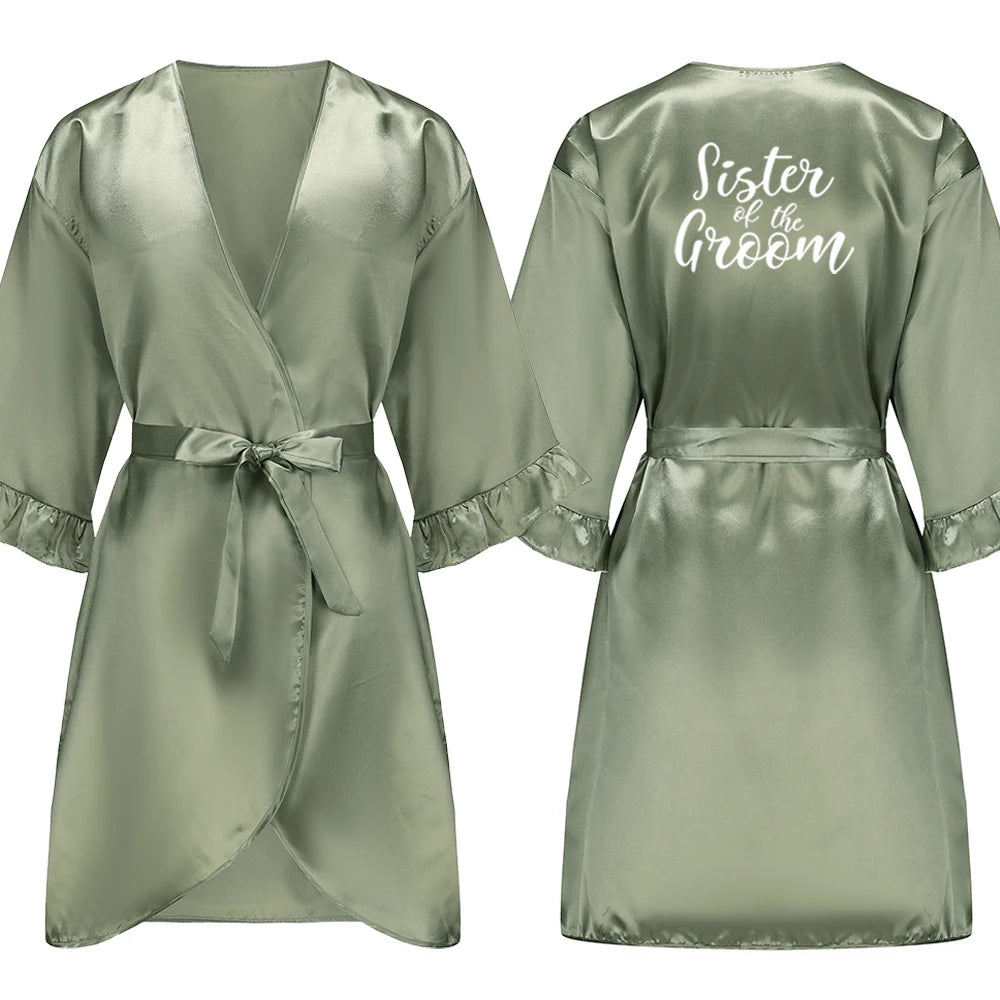 Grass Green Bride Satin-Silk Robe Women Bridal Party Sister Team Mother Shower Gift Bridesmaid Wedding Short Robes with Ruffle
