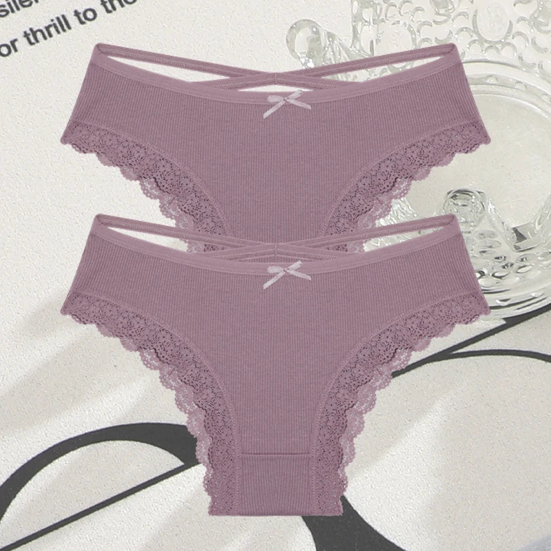 2PCS Cotton Panties for Women Sexy Lace Brazilian Briefs Female Low-Waist Cross Webbing Underpants Stretch Breathable Intimates