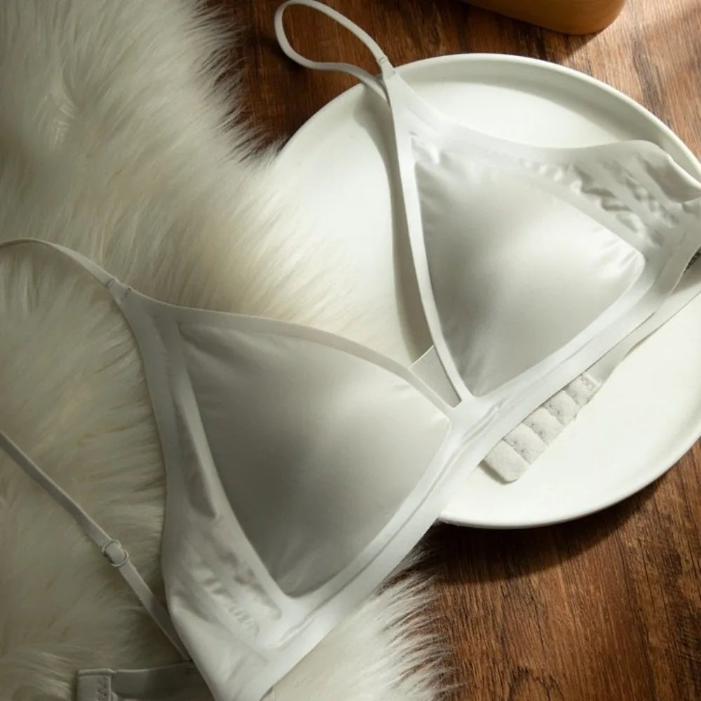Milk Satin French Deep V-neck Bra Wire Free Soft Support Seamless Bra Backless Design Adjusted Straps Small Chest Bra