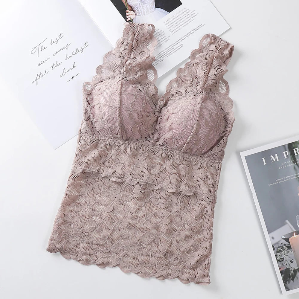 Women Summer Crop Top Bras Woman Seamless T-shirt Sexy Lace Bra Female Beauty Back Push Up Padded Camisole Women Tank Top