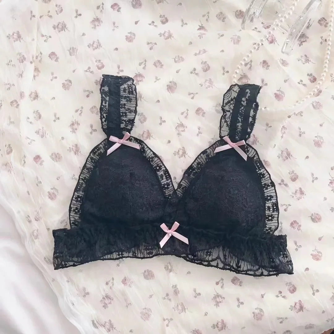 Japanese girl underwear female sweet cute pure desire without underwire bow lace edge thin bra set