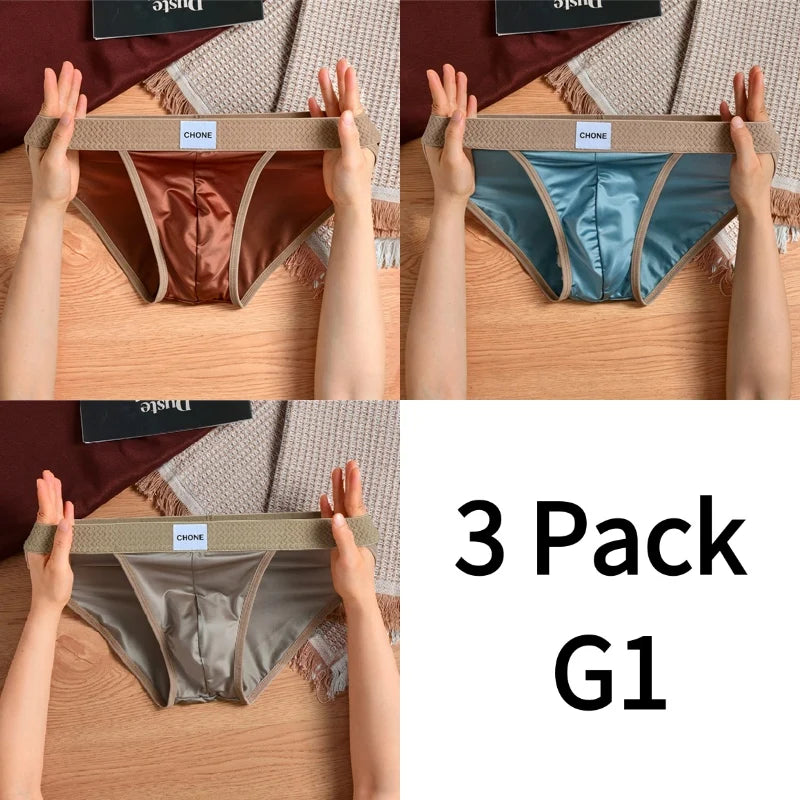 3pcs【LORIEN CREST】Luxury Men's Satin-like Ice Silk Briefs High Elastic Ultra Soft Breathable Antibacterial Comfortable Underwear