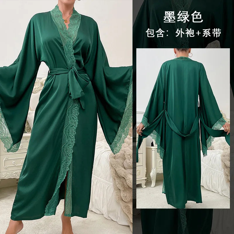 Sexy Long Solid Lace Patchwork Silk Satin Bathrobe Women Flare Sleeve Loose Court Style Nightwear Lace Trim Robes Loungewear