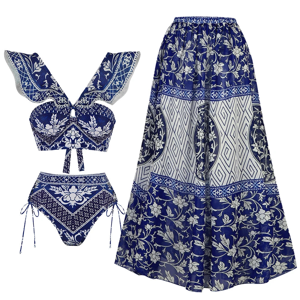 2025 New 2-Piece Shoulder Ruffle Swimsuit With Cover Up Sexy Women Swimwear Push Up Biquini Bathsuit Bodysuit Beachwear Dress