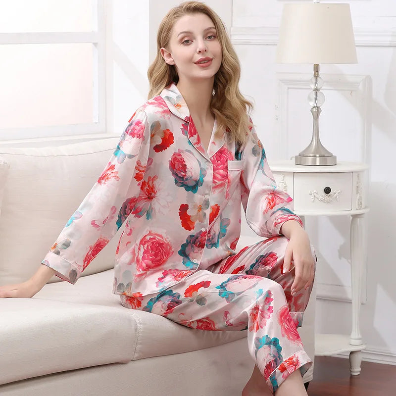 Birdtree Fall 16MM 100%Real Silk Pajama Set Women Satin Print Pyjama Pj Suit Long Sleeve Bedroom Sleepwear Set P36637QC