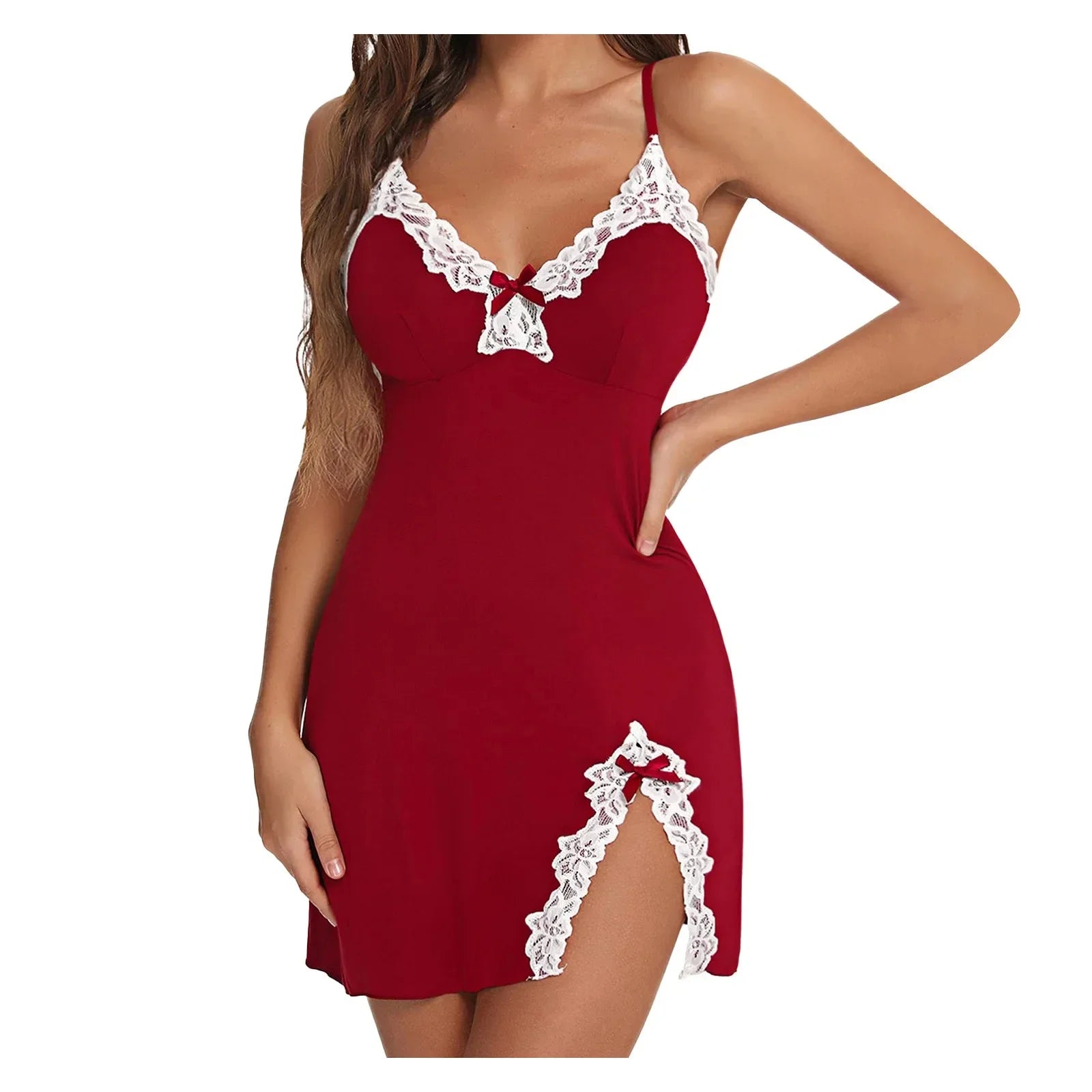 Sexy Lace Silk Satin V-Neck Nightgown Sleepwear Women Split Hem Soft Lingerie Night Dress Sleeveless Sleepwear Female Clothes