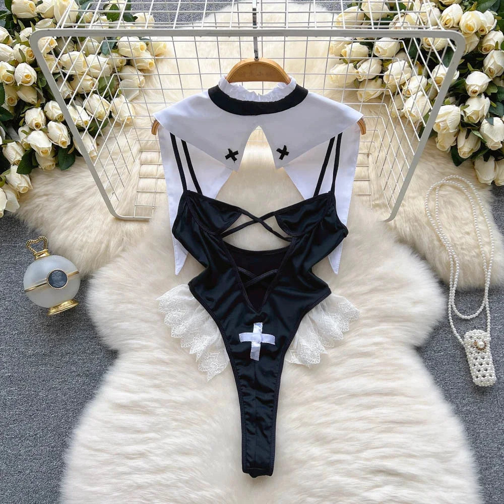 Women Strap Hollow Out Backless French Style Striped Erotic Playsuits Cosplay Slim Fit Underwear Black Lingerie Sexy Bodysuits