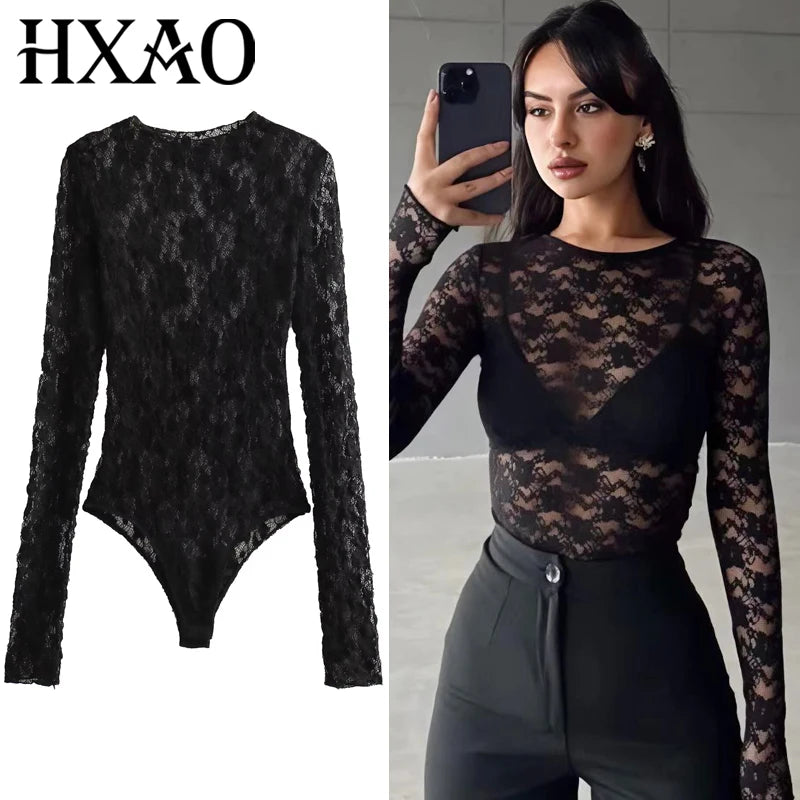 HXAO Women's Bodysuit Lace Bodysuit Autumn Black Cutwork O-Neck Long Sleeves High Spandex Bodysuits Sexy Lingerie For Fine Women