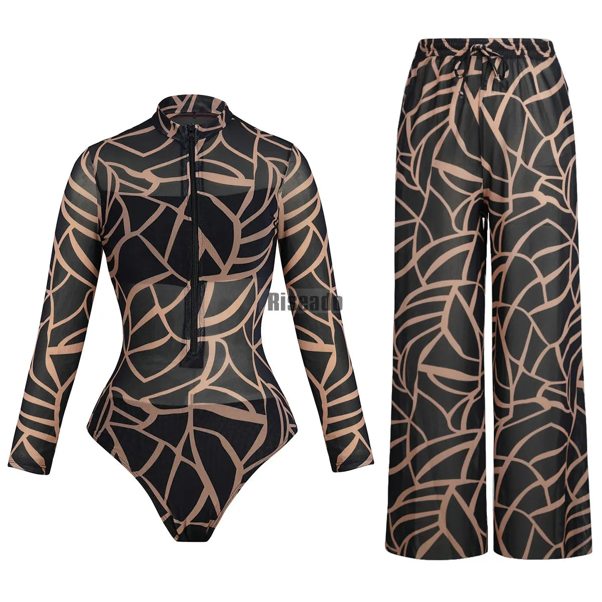 Riseado Mesh Swimsuit with Long Pants & Swimdress Long Sleeve Mesh Beachwear Sexy High Waist Bathing Suit Smart Beach Clothing