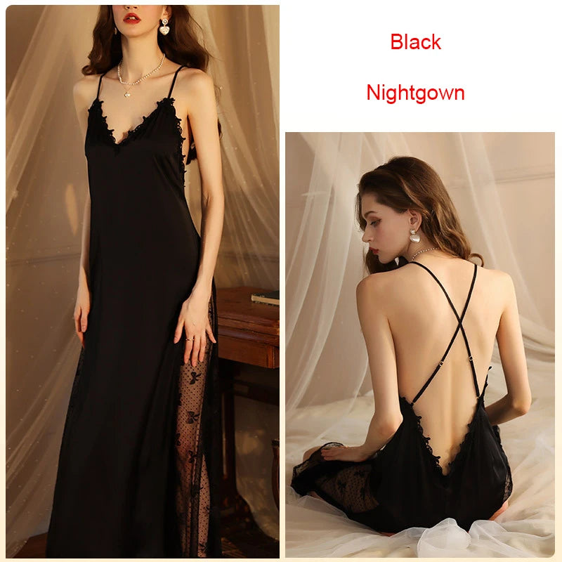 Women Backless Kimono Dressing Gown Sexy Perspective Nightgown Satin Sleepdress Lace Patchwork Nightwear Ultra Long Loungewear