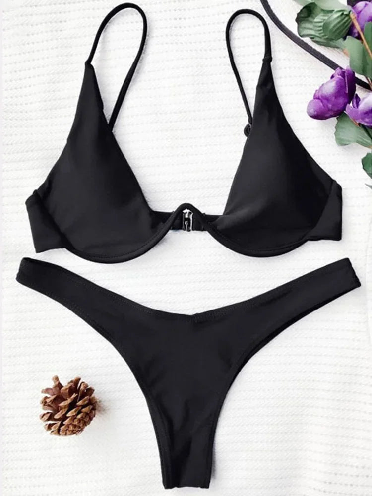 Sexy Neon V-bar Underwired Bikini 2025 Female Ribbed Swimsuit Women Thong Swimwear Two-pieces Bikini set Push up Bathing Suit