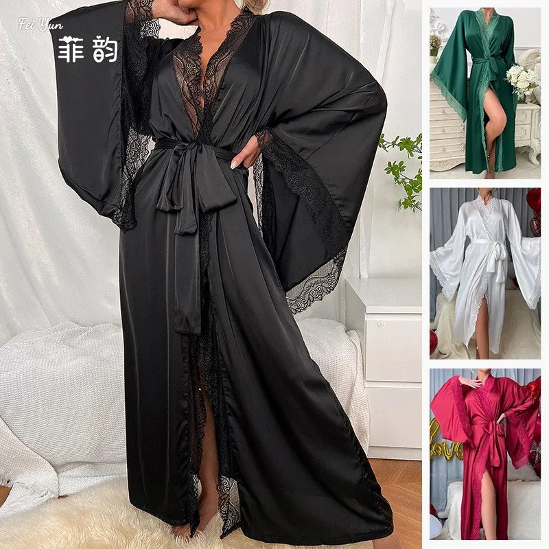 Sexy Long Solid Lace Patchwork Silk Satin Bathrobe Women Flare Sleeve Loose Court Style Nightwear Lace Trim Robes Loungewear