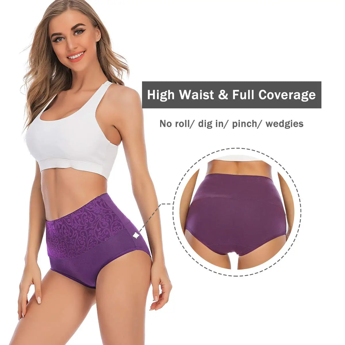 Plus Size Women's Cotton Underwear High Waisted Tummy Control Panties Full Coverage Briefs Jacquard Ladies Panty 3 Pack