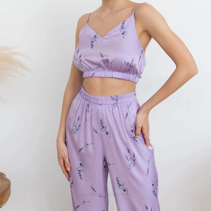 New Satin Silk Pajamas Set for Women Flower Print Sleepwear Sexy V-neck Sleeveless Top Nightwear Pijamas Home Clothes Loungewear