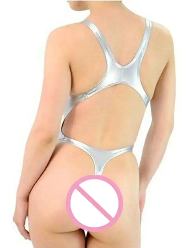 Wet Look PVC Catsuit Swimsuit Backless Shiny PU Leather Bodysuit High Cut Sukumizu Tights Hot Sexy Body Teddies Leotard Swimwear