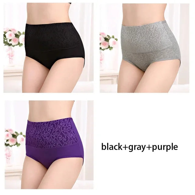 Plus Size Women's Cotton Underwear High Waisted Tummy Control Panties Full Coverage Briefs Jacquard Ladies Panty 3 Pack