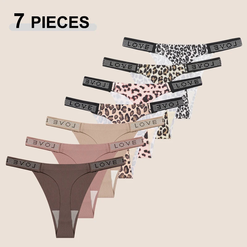7Pcs/Set Printed Leopard Crystal Letter Thongs For Women Fashion Low Waist Soft Breathable Underpants Female Traceless G-string