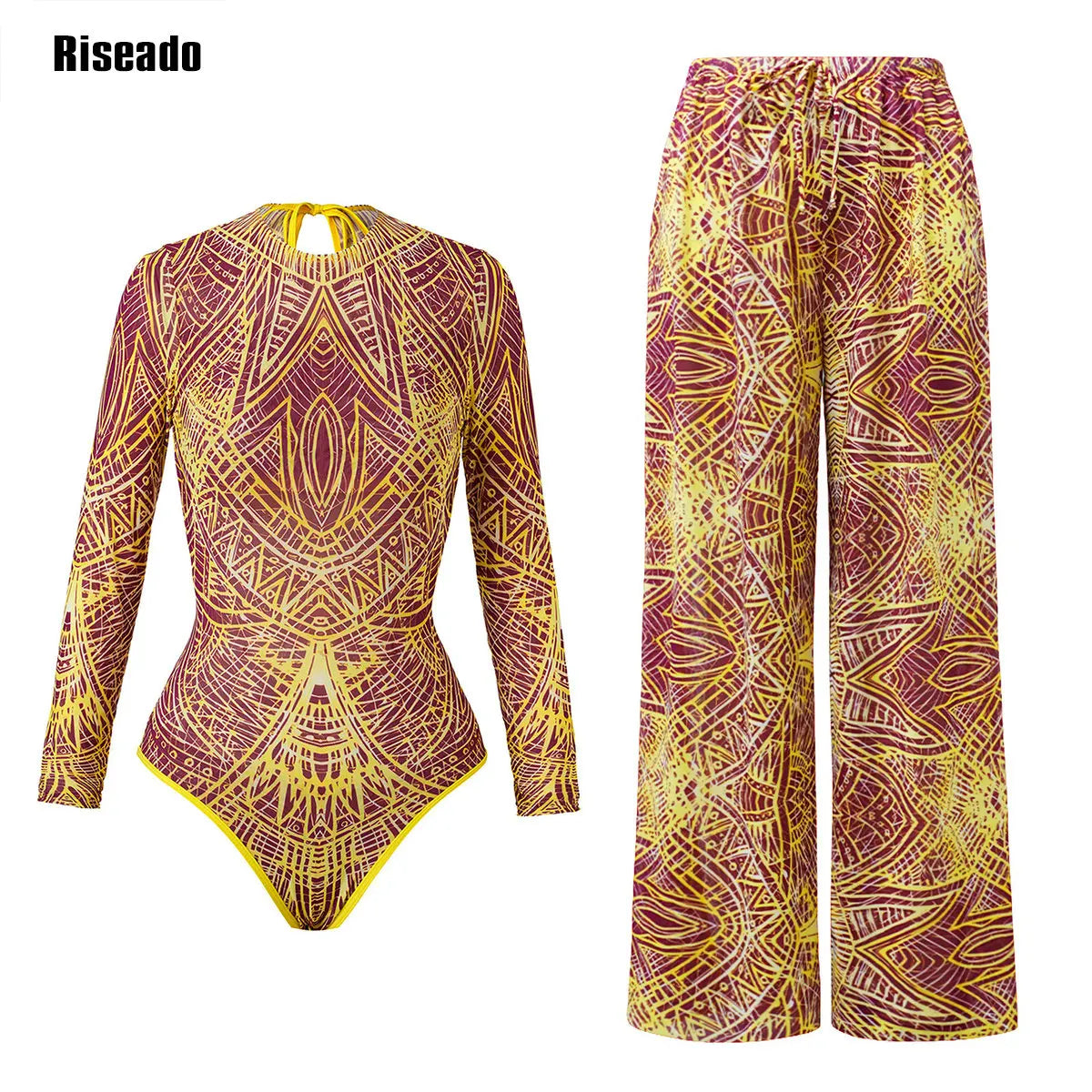 Riseado Mesh Swimsuit with Long Pants & Swimdress Long Sleeve Mesh Beachwear Sexy High Waist Bathing Suit Smart Beach Clothing