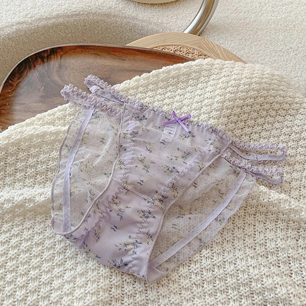 Women's panties Cross waistband Hipsters Low Rise Lace Strappy Panties Transparent Mesh Floral Pattern Sweet Bowknot sexy femal